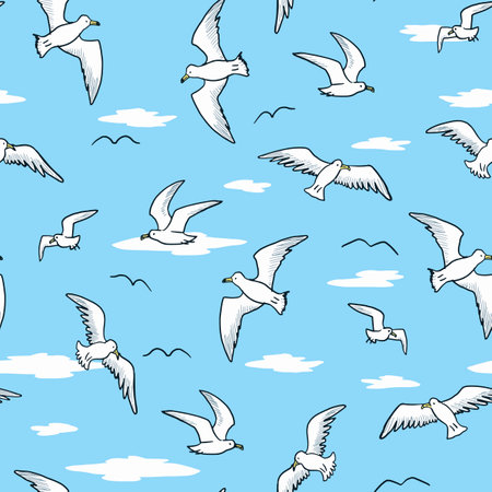 Seamless pattern with flying seagulls. Vector illustration.のイラスト素材