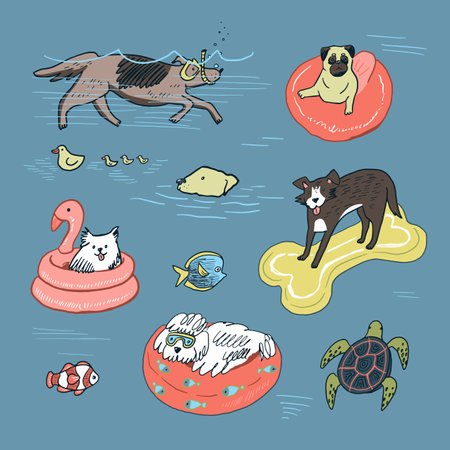 Cute hand drawn dogs, fish and animals. Vector illustration.のイラスト素材