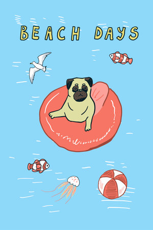Beach day card with cute pug dog in lifebuoy. Vector illustration.のイラスト素材