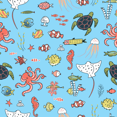 Seamless pattern with cute cartoon marine animals. Vector illustration.のイラスト素材