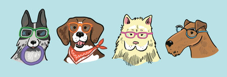 set of cute dogs with glasses, vector illustration in doodle styleのイラスト素材