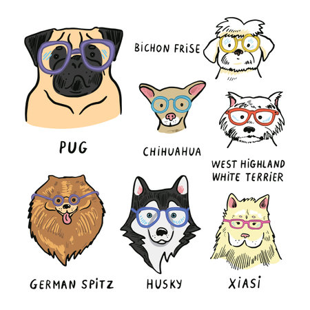 Set of dog breeds. Vector illustration of a dog with glasses.のイラスト素材