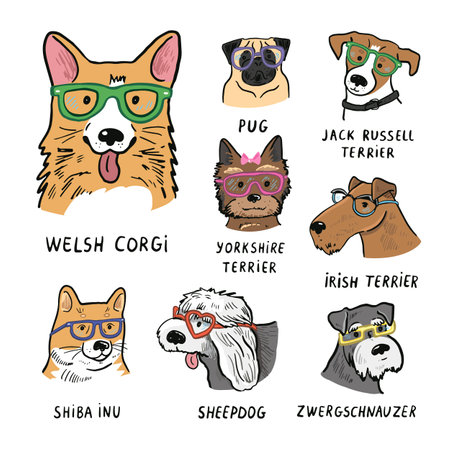 Cute cartoon dogs with glasses. Vector illustration on white background.のイラスト素材