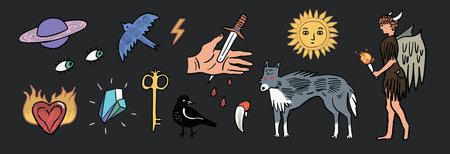 Vector set of cartoon hand drawn elements for Halloween. Vector illustration.のイラスト素材