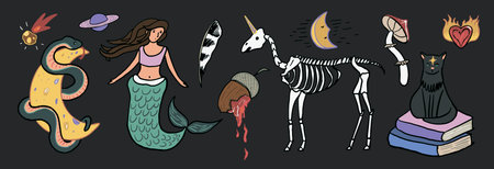 Vector set of cute mermaids and animals. Hand drawn illustration.のイラスト素材