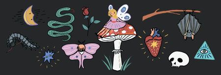 Set of hand drawn magic mushrooms, butterflies and other elements. Vector illustration.のイラスト素材