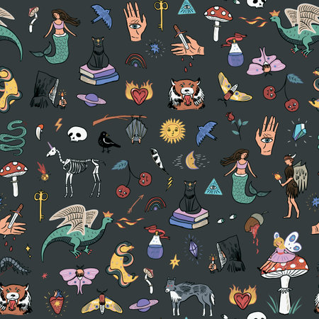 Seamless pattern with hand drawn doodle fantasy elements.のイラスト素材