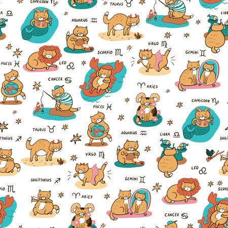 Seamless pattern with cute zodiac cats. Cute cartoon animals.のイラスト素材