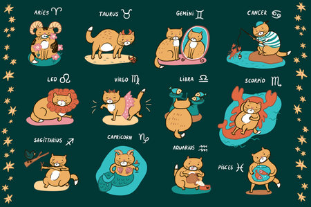 Vector set of cute cartoon animals zodiac signs in different situations. Cute animals.のイラスト素材