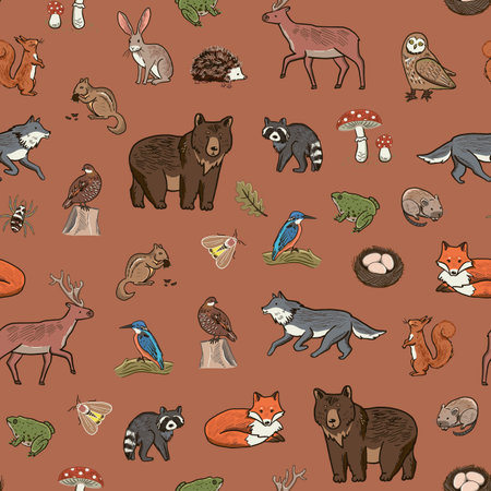 Seamless pattern with forest animals. Hand drawn vector illustration.のイラスト素材
