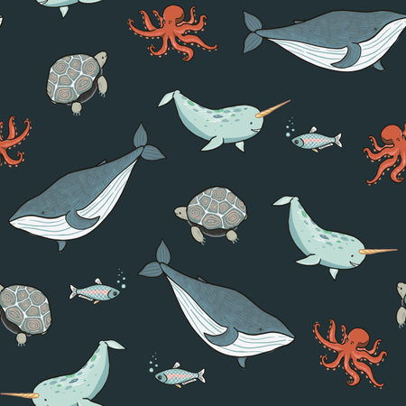 Seamless pattern with cute whales, octopus, turtle and fish. Vector illustration.のイラスト素材