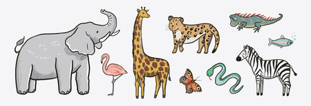 Vector set of hand drawn doodle cartoon animals isolated on white backgroundのイラスト素材