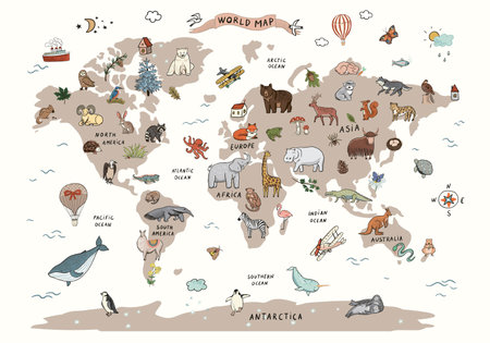 Animals on the world map. Vector illustration in cartoon style.のイラスト素材
