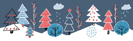 Christmas card with fir trees and snowflakes. Vector illustration.のイラスト素材