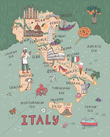 Italy travel hand drawn doodle map with famous landmarks and namesのイラスト素材