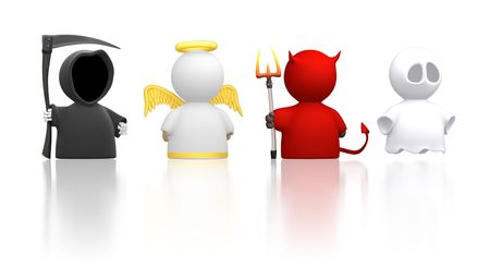 Death, an Angel, the Devil and a Ghost as icon characters. Could be used for religious concepts, halloween, humour, costume party. Use together or cut apart.の写真素材