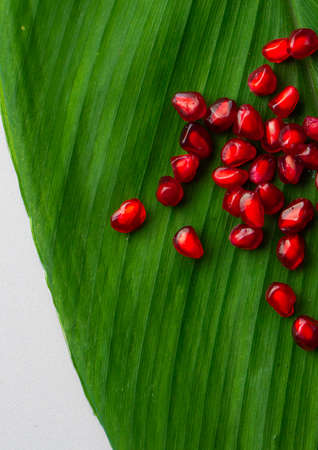 Pomegranate fruit seeds stacked together on a green leafの写真素材