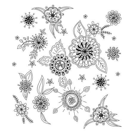 Decorative Doodle flowers in black and white for coloring book, cover or background.のイラスト素材