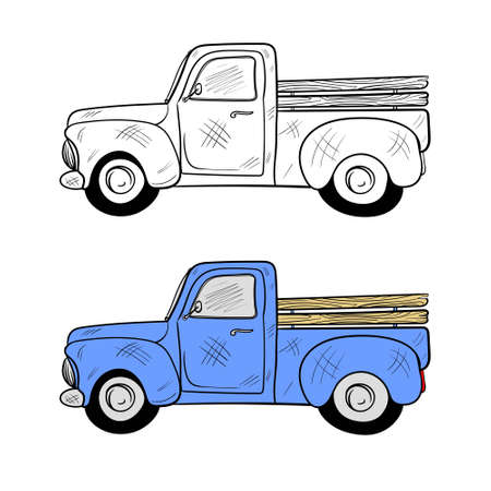 Retro blue pickup truck. Side view. Vintage color engraving illustration for poster, web. Isolated on white background. Hand drawn design element.のイラスト素材