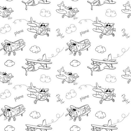 cartoon black and white planes with eyes for children. seamless vector pattern of planes, on a white isolated background, for fabric, packaging paper, background.のイラスト素材