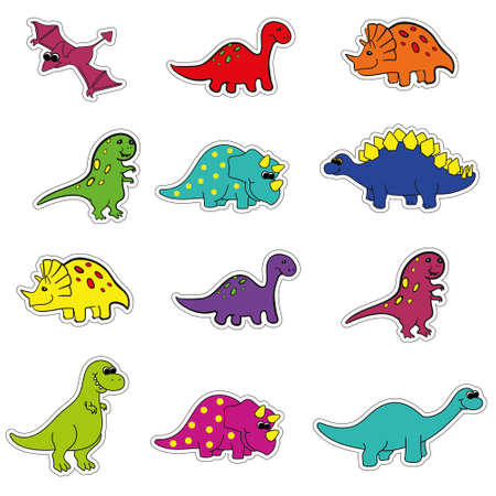 cute cartoon colored variety of dinosaurs stickers with outline for cutting, vector. Tyrannosaurus, Diplodocus, stegosaurus, Triceratops.のイラスト素材
