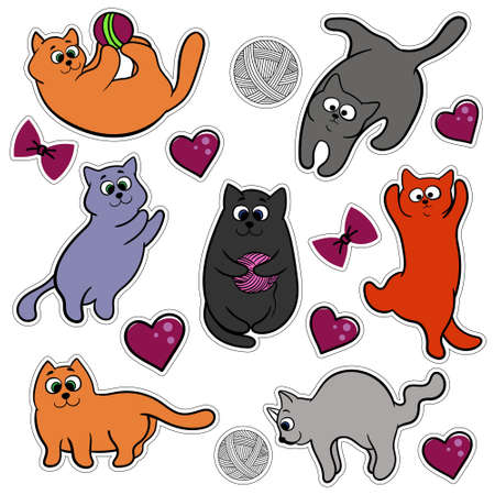 a set of cute, cartoon stickers colorful with cats, balls of thread, hearts. the cat plays with the ball, jumps . Isolated vector with cutting contour.のイラスト素材