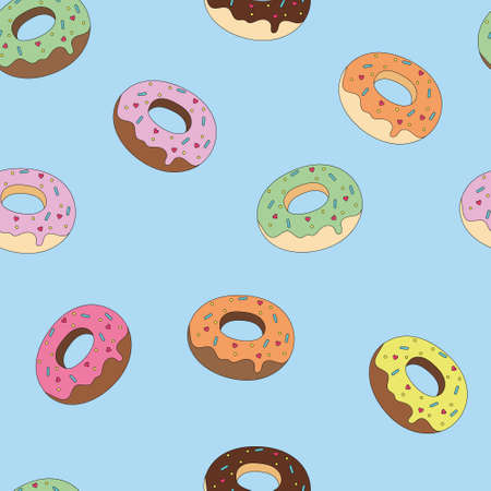 cartoon stylized delicious mouth-watering little glazed chocolate donuts with sweet decor, seamless vector color pattern on a pale blue background.のイラスト素材