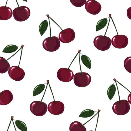 Natural delicious juicy organic berries seamless pattern with cherries, vector color illustration on white background, isolatedのイラスト素材
