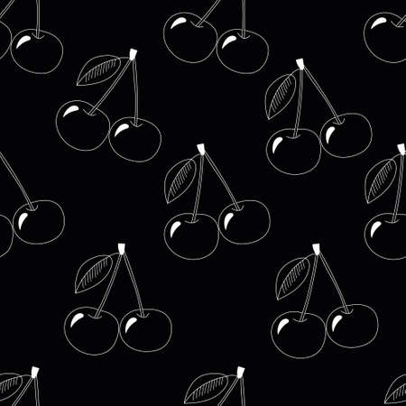 Natural delicious berries seamless pattern with cherries, vector white illustration on black background.のイラスト素材