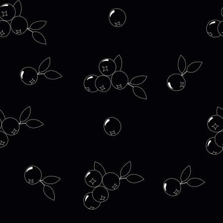 Natural delicious berries seamless pattern with blueberries, vector white illustration on black...