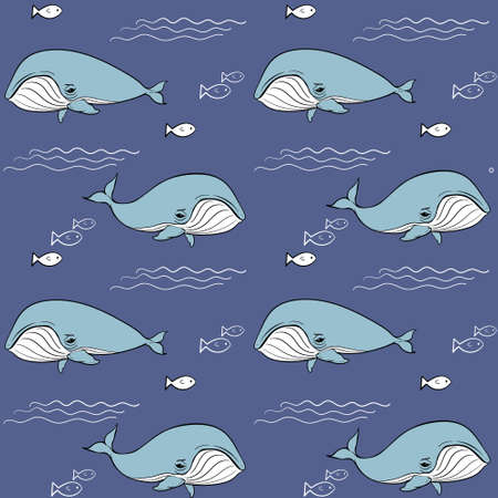 seamless vector pattern with blue whales on a blue background, waves, fish. for printing on fabric, Wallpaper, paperのイラスト素材