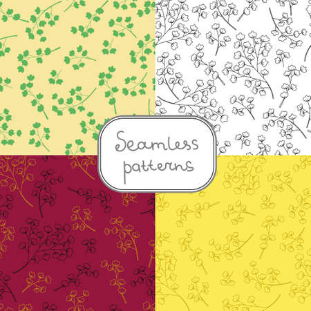 Vector illustration set of four decorative seamless patterns with twigs. Nature floral background. Endless texture can be used for wallpaper, pattern fills, web page background, surface texturesのイラスト素材
