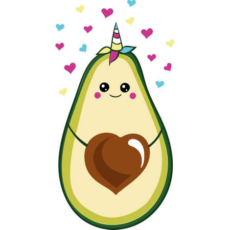 Fresh print with cartoon avocado unicorn. Funny cartoon avocado healhty food, kawaii. vector icon isolated on a white backgroundのイラスト素材