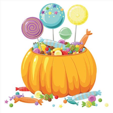 Halloween Pumpkin bucket with candy. mystery, Holiday, october, color vector illustrationのイラスト素材