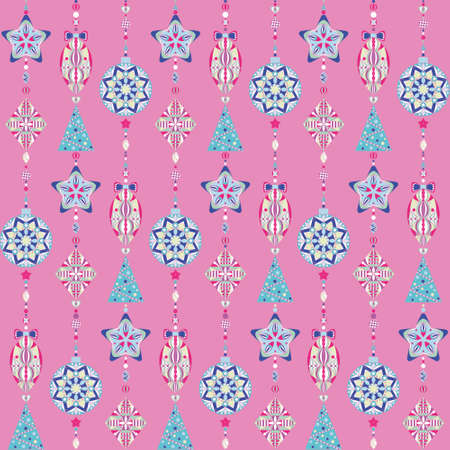 Color card. New Years toys. Vector Christmas pattern, with a pink background, with colorful decorations. Christmas background. kaleidoscope. for paper, background, fabricのイラスト素材