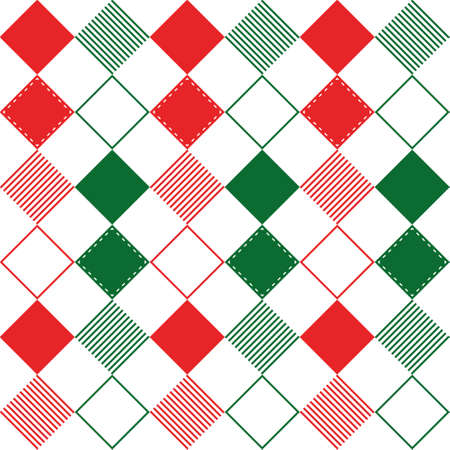 Pattern of white, green and red rhombuses. Christmas colors. Diagonal checkered background. Diagonal...