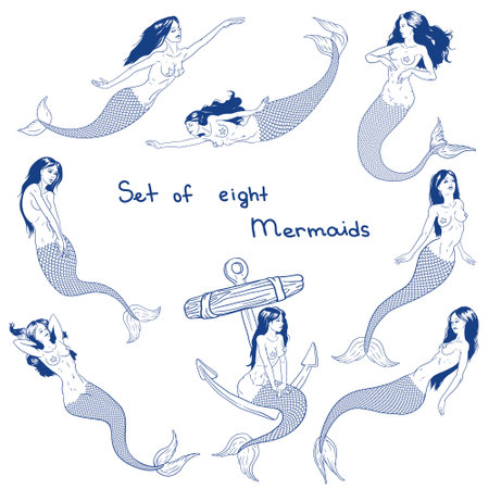 Set of hand drawn feminine, beautiful and slim mermaids. Doodle cartoon vector illustration isolated on white backgroundのイラスト素材