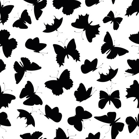 silhouettes of butterflies on a white background pattern, collection, vectorのイラスト素材