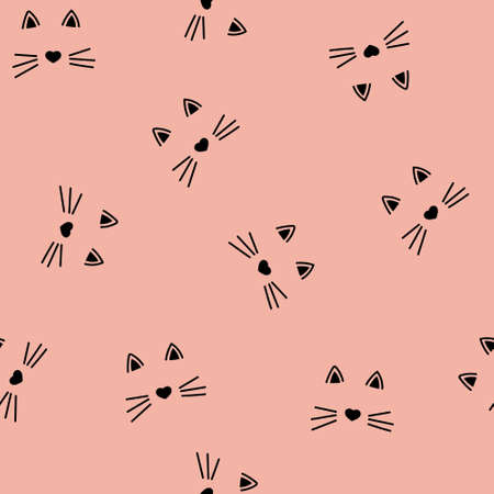 seamless vector pattern with cute cat faces, heart nose. childrens, girls, pink backgroundのイラスト素材