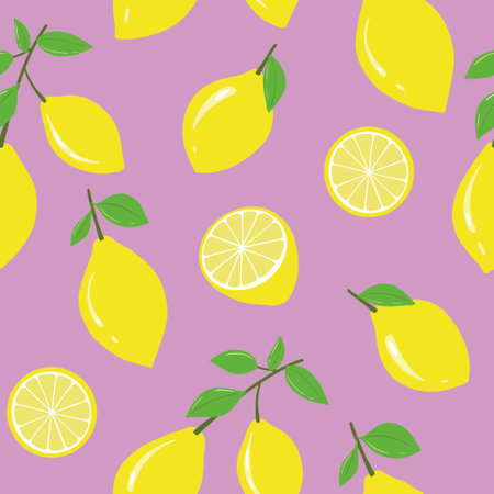 Hand drawn vector seamless pattern with lemons in yellow on pink backgroundのイラスト素材