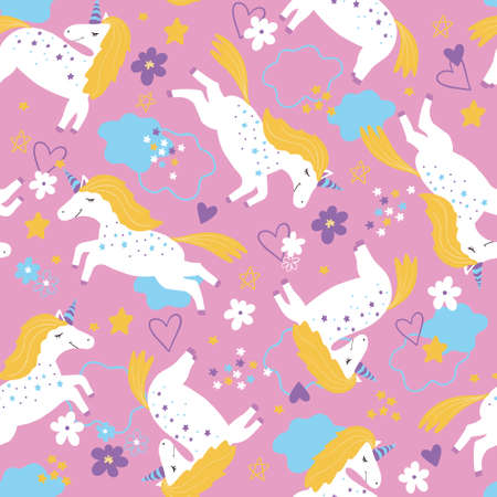 Childish seamless pattern with unicorns. vector pattern with white unicorns on a pink backgroundのイラスト素材