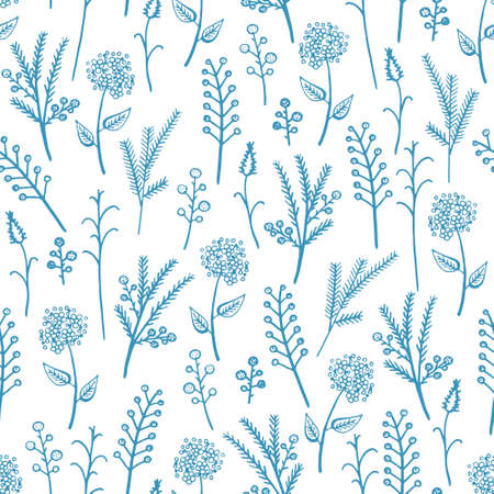 Seamless pattern of a little blue flowers and twigs on a white background, vector patternのイラスト素材