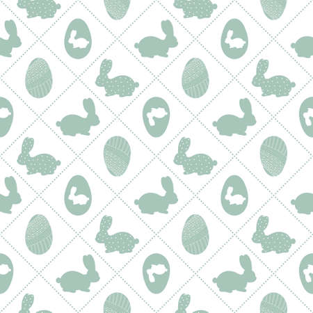 Easter seamless pattern with icons of painted eggs and rabbits. Egg hunt vector illustrations, christianity traditional celebration wallpaper. olive colorのイラスト素材
