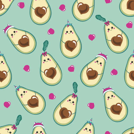 Seamless pattern with different cute avocados. vector illustration. avocado with the pit in the...