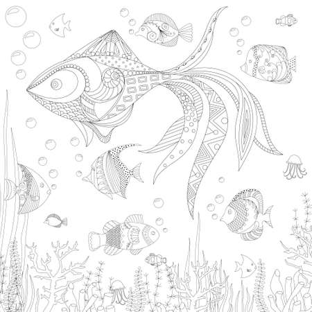 Hand drawn decorative fish for for the anti stress coloring page. Hand drawn black decorative fish isolated on white backgroundのイラスト素材