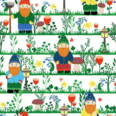 Fairytale garden gnome in a cap, with a rake. seamless vector pattern. colorful, bright flower illustrationのイラスト素材