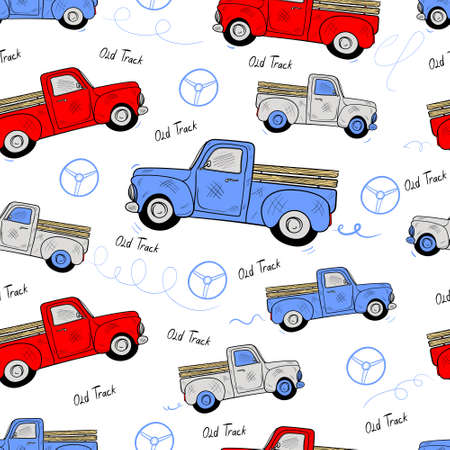Cartoon Transportation Background for Kids. Vector Seamless Pattern with old trucks, Toy Cars and Traffic signsのイラスト素材