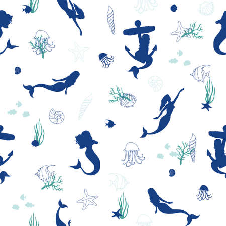 Seamless mermaid pattern. Vector marine background. pattern with elegant beautiful mermaids, silhouetteのイラスト素材