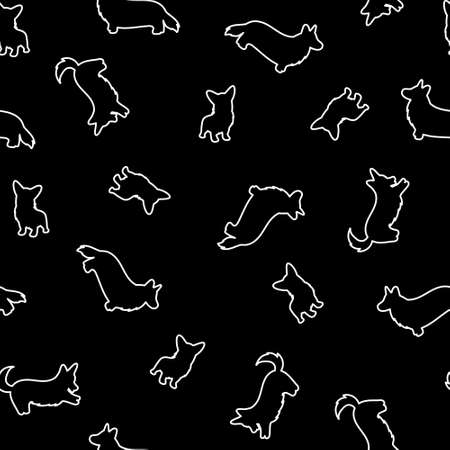 seamless vector pattern with corgi. white outline silhouette on a black backgroundのイラスト素材