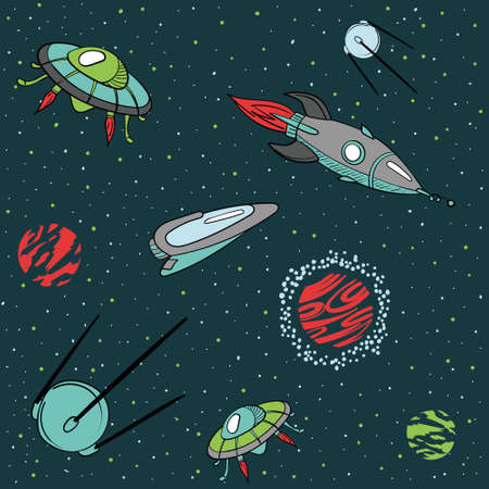 Seamless vector children cartoon space pattern with rockets, planets, stars over the dark night sky...